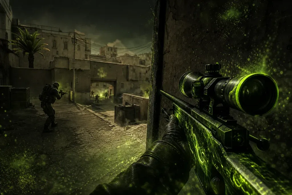 CT and T players fighting for Long control on Dust2 with an AWP holding an aggressive peek
