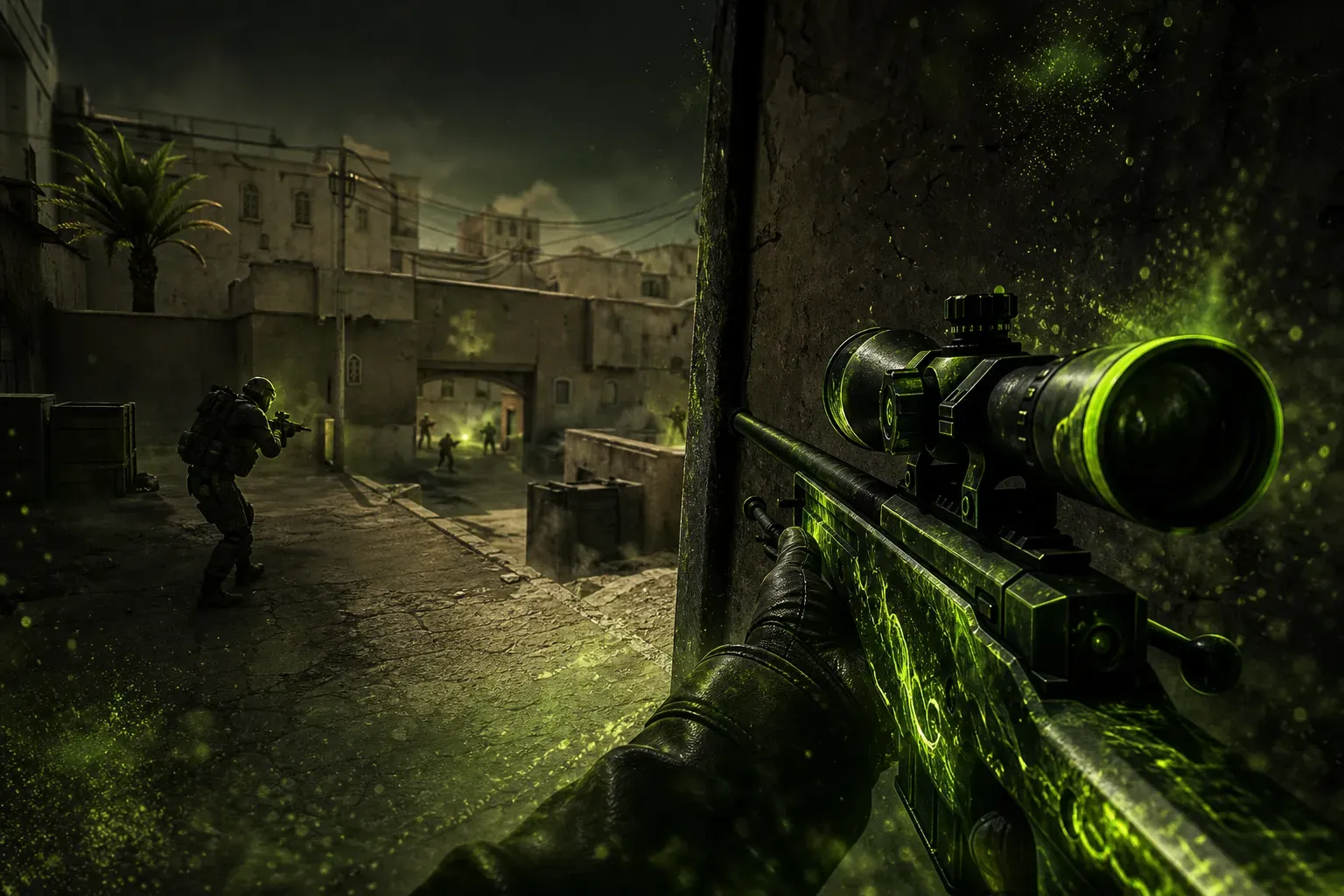 CT and T players fighting for Long control on Dust2 with an AWP holding an aggressive peek