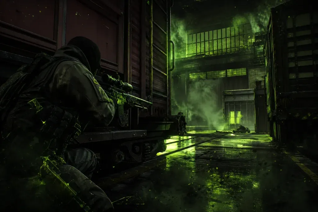 CS2 player repositioning with an AWP behind red train on Train after taking a shot