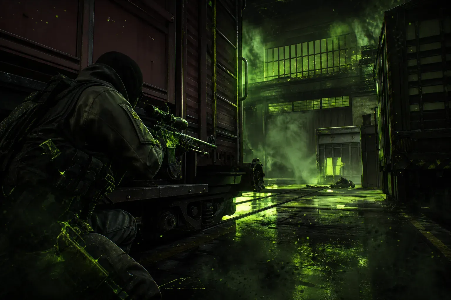 CS2 player repositioning with an AWP behind red train on Train after taking a shot