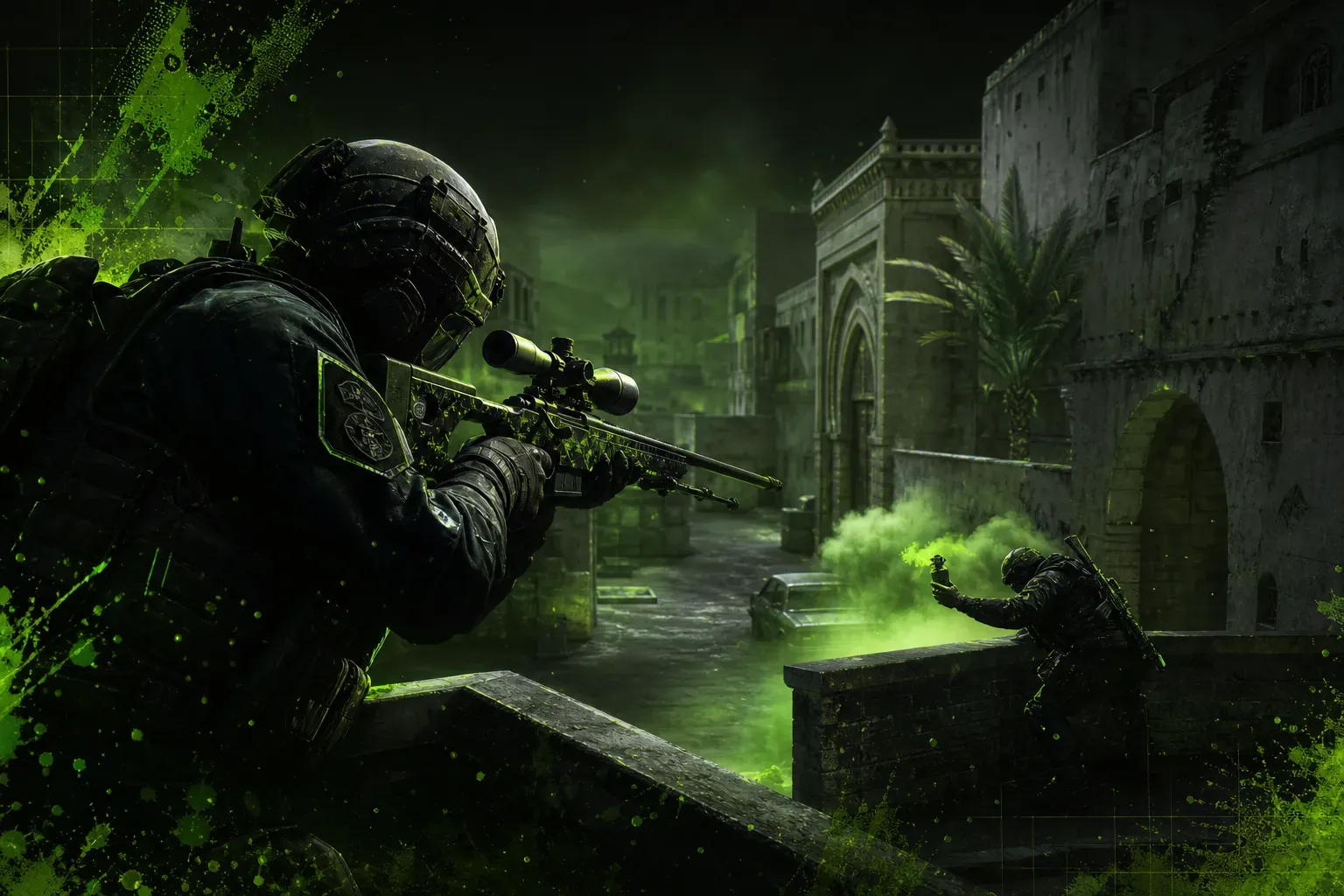 CT with AWP holding Dust2 long while a rifler anchors catwalk with utility