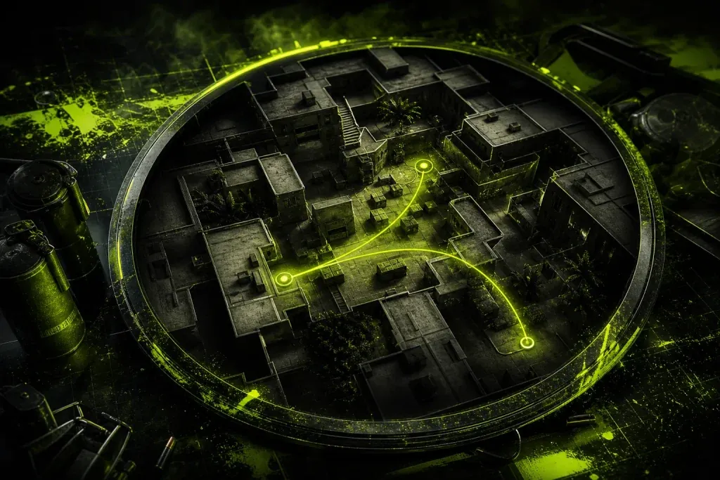 CS2 Mirage radar view showing a B split from apartments, short, and mid