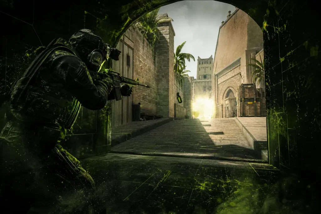 CS2 Mirage A ramp entry with a rifler swinging through a flash toward site