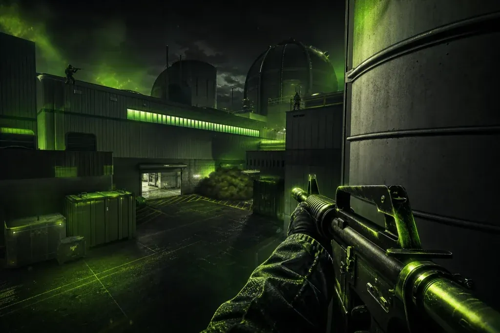 CS2 Nuke A site with a player holding Hut from mini-silo while teammates cover heaven and squeaky