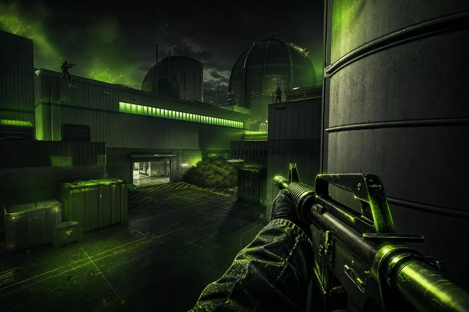 CS2 Nuke A site with a player holding Hut from mini-silo while teammates cover heaven and squeaky