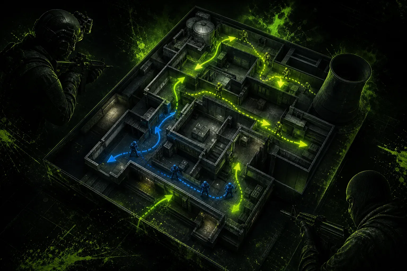 CT and T players on Nuke with arrows showing rotation paths through Heaven, Vents, and Lobby