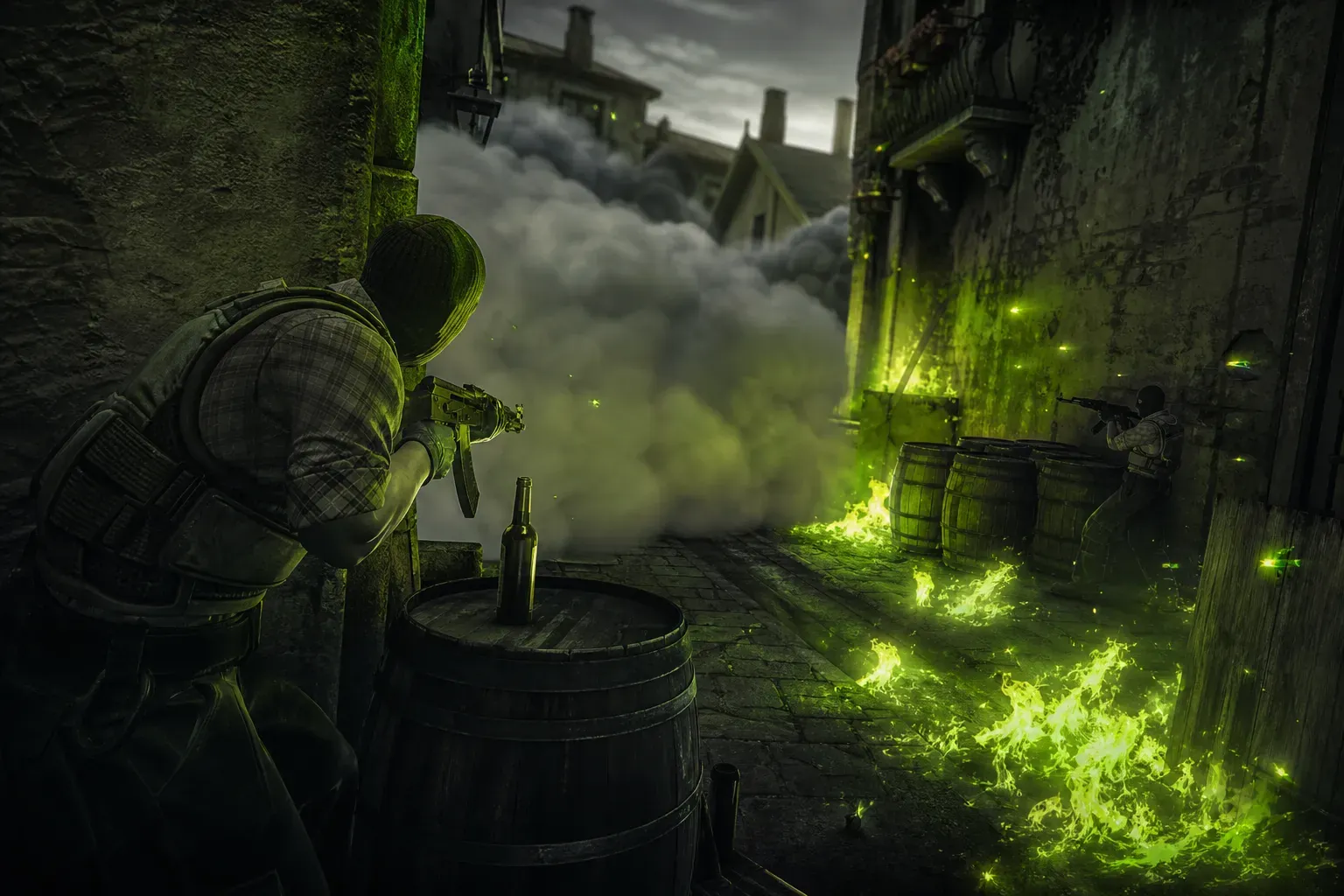 CS2 Inferno Banana fight with smokes, molotovs, and two players contesting bottom banana