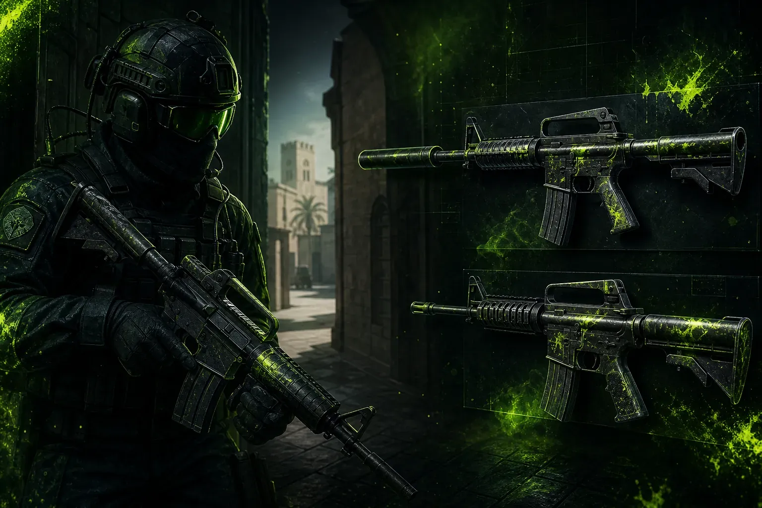 CS2 CT holding Mirage connector with M4A1-S and M4A4 visible on a buy menu