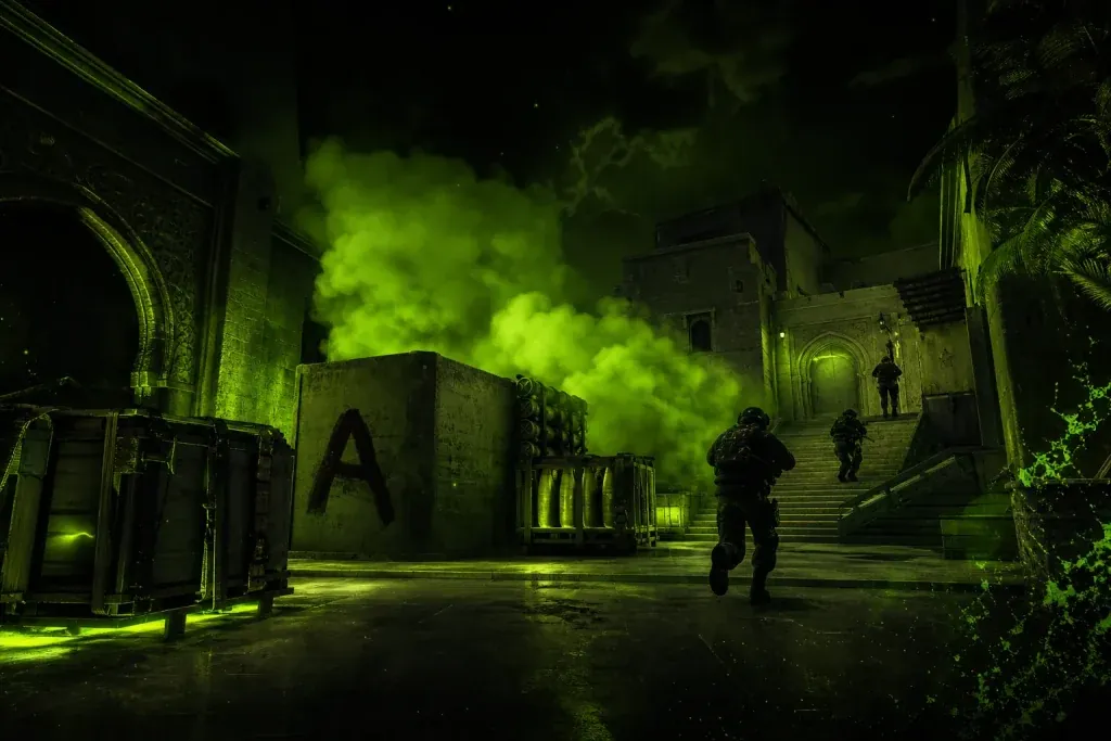CS2 Mirage A site with smoke over ticket, players rushing ramp and palace