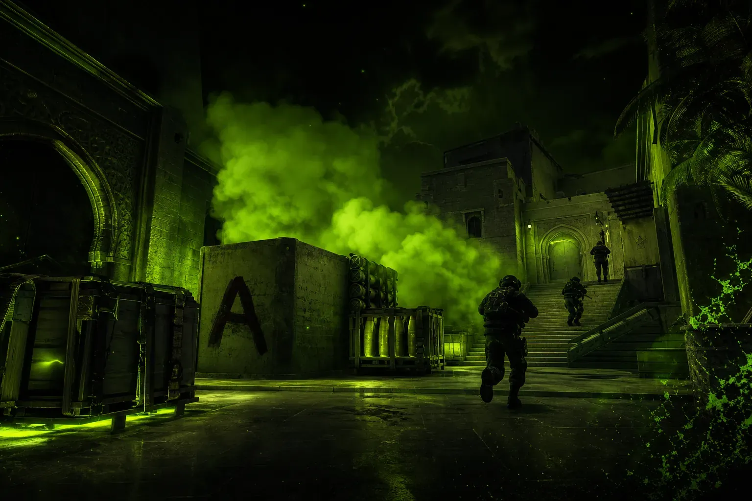 CS2 Mirage A site with smoke over ticket, players rushing ramp and palace