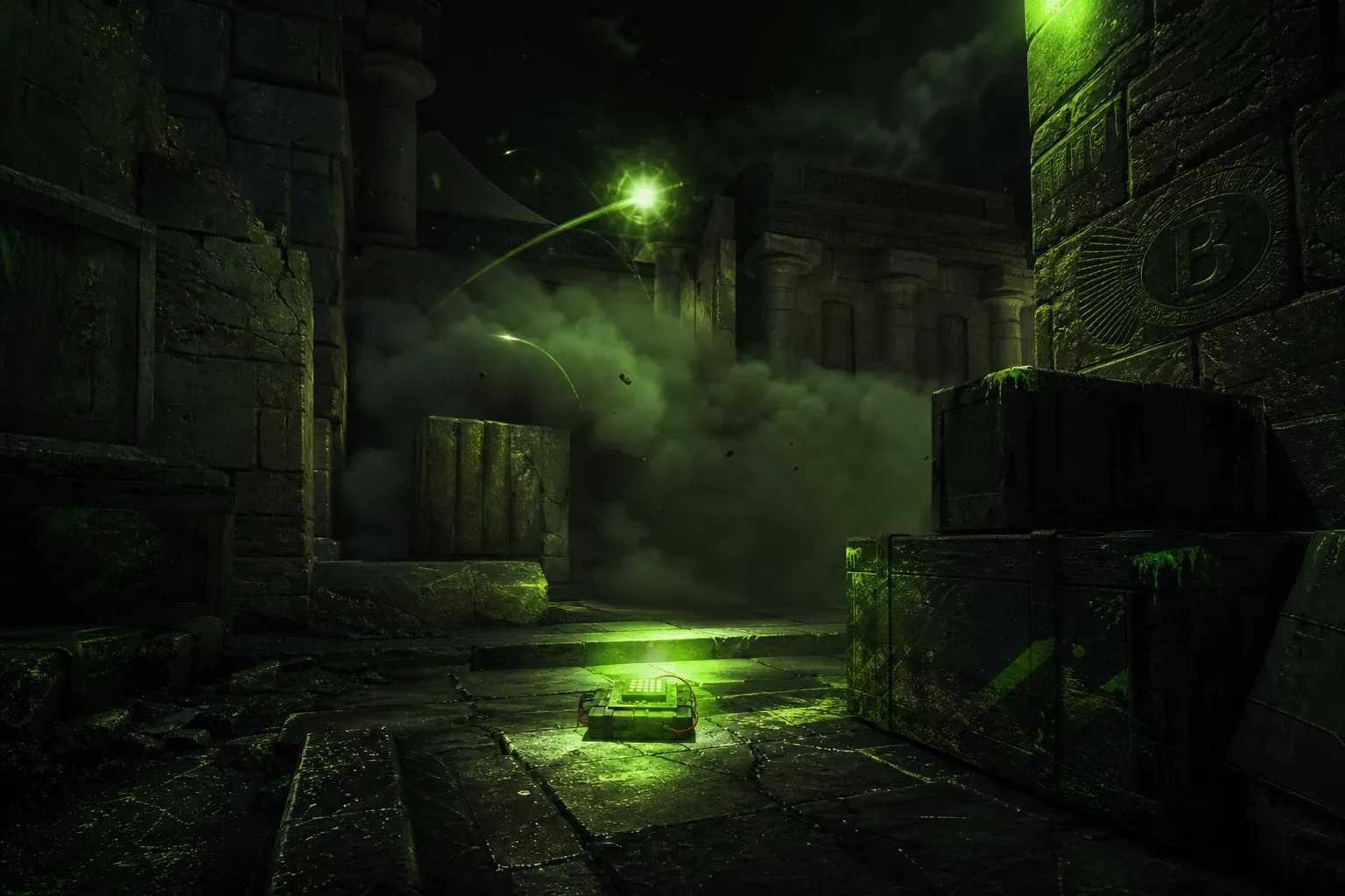 CS2 Anubis B site take with smokes, flashes, and a planted bomb