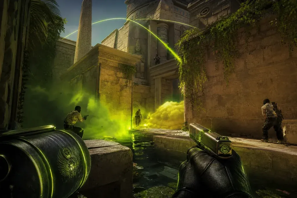 CS2 Anubis pistol round with players contesting B Main and mid with utility