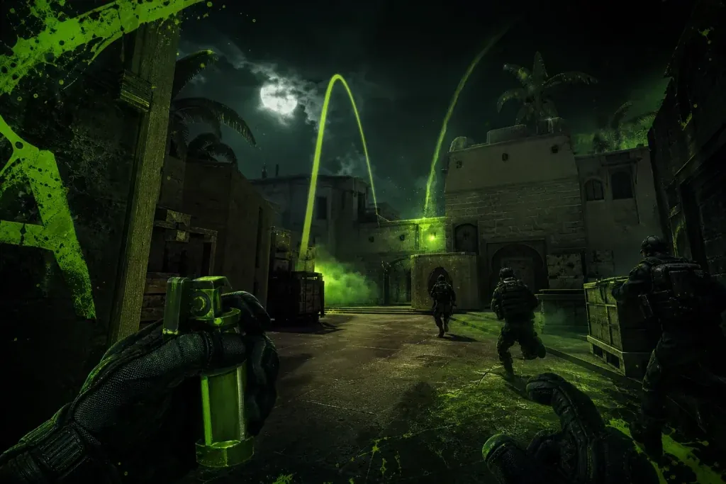 CS2 player lining up a flash on Mirage while teammates prepare to execute