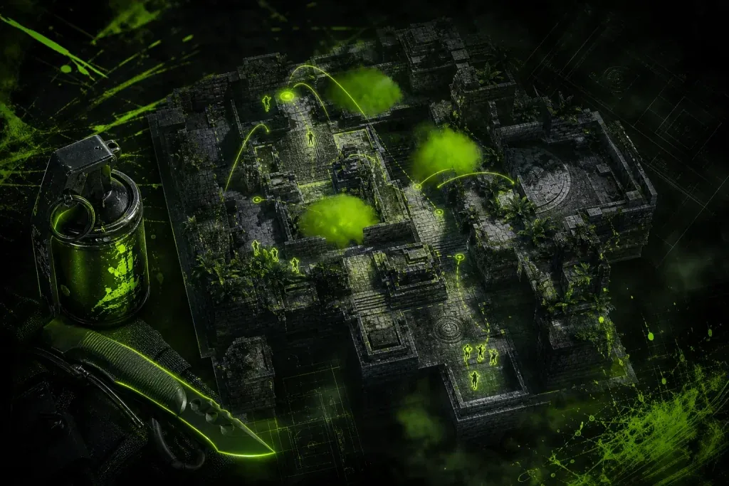 CS2 Ancient tactical map showing T side smokes, mid control, and cave pressure