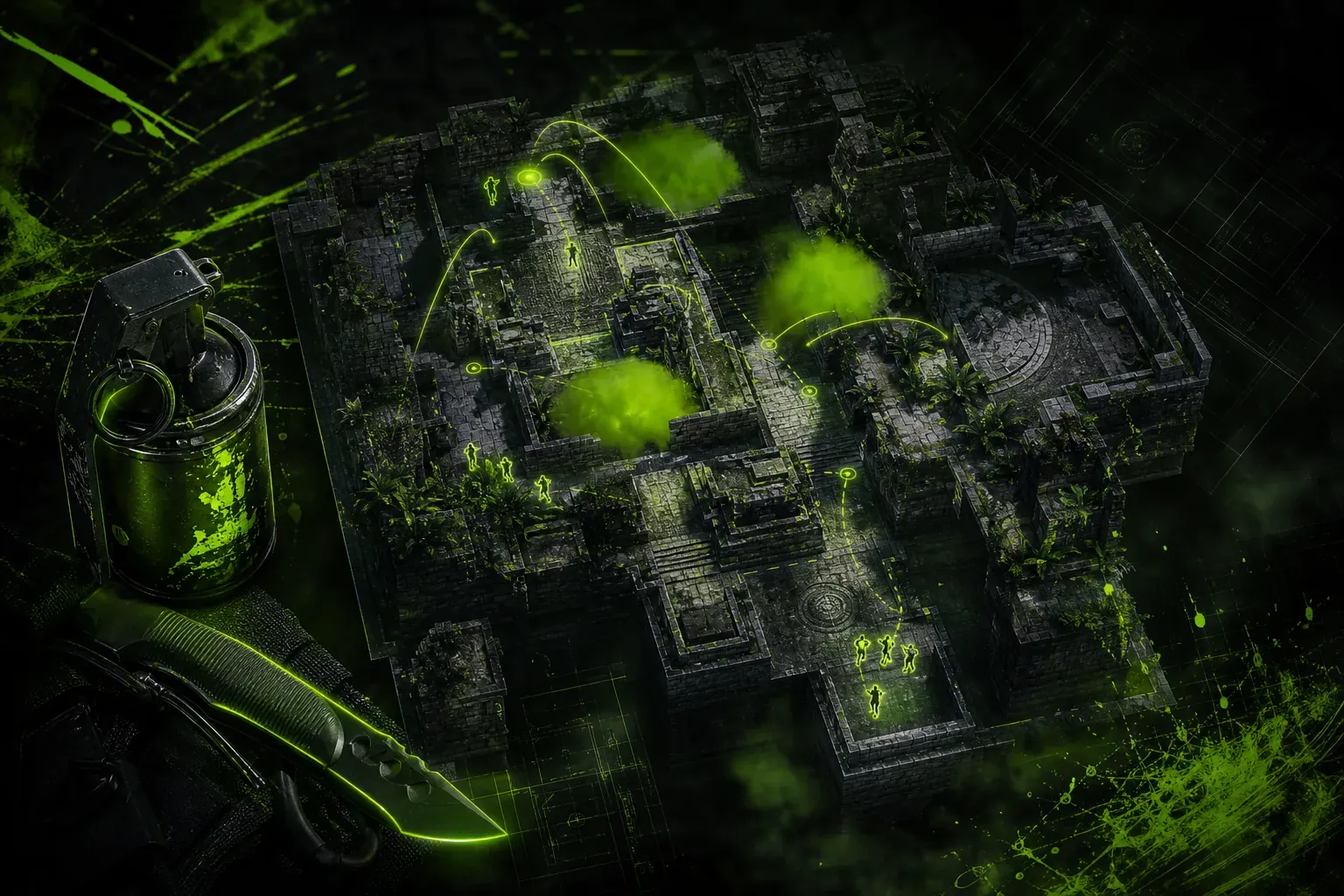 CS2 Ancient tactical map showing T side smokes, mid control, and cave pressure