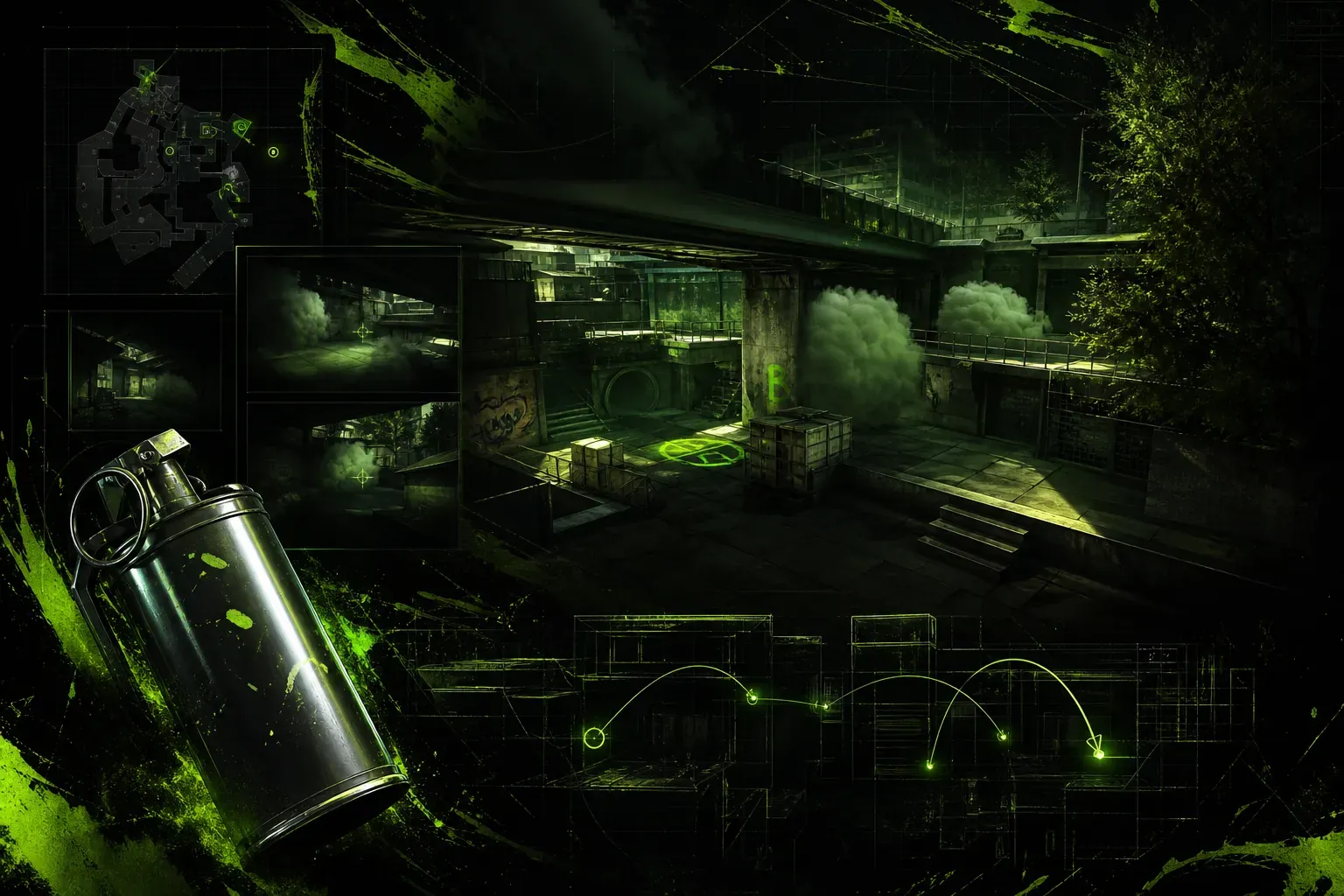 CS2 Overpass B site with smokes, connector, and pro play overlays