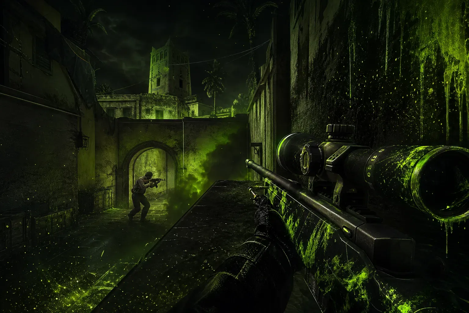 CS2 Mirage scene showing an AK player swinging connector while an AWP holds jungle