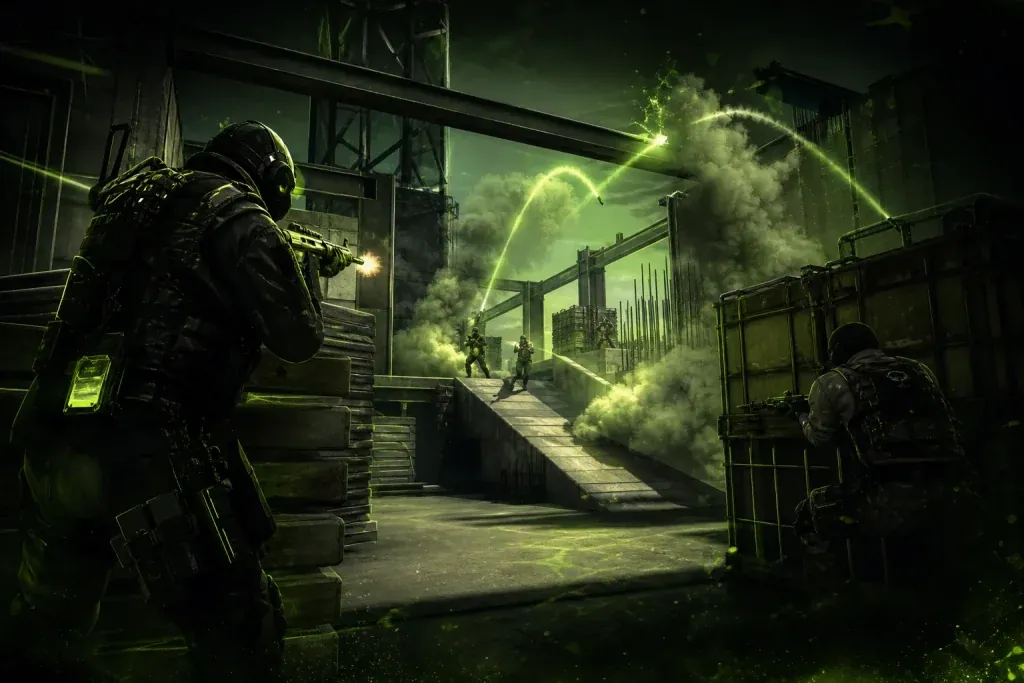 Two CS2 teams fighting A ramp on Vertigo with utility flying and a scoreboard visible